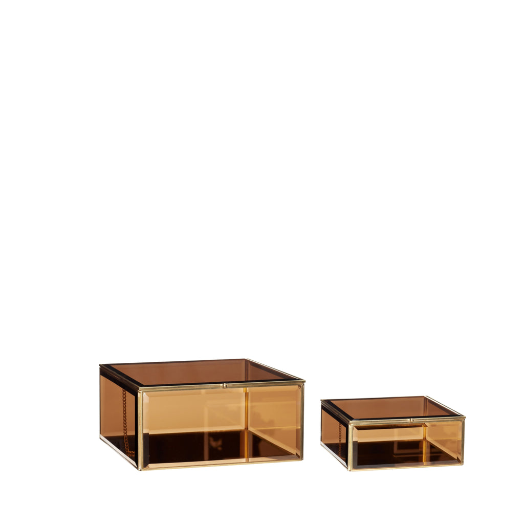 Hübsch Tint Glass Box Glass/Mirror/Metal Brown/Brass S/2, 21/25x21/25x9/12 Cm