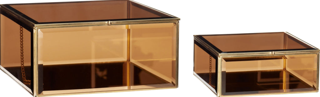 Hübsch Tint Glass Box Glass/Mirror/Metal Brown/Brass S/2, 21/25x21/25x9/12 Cm