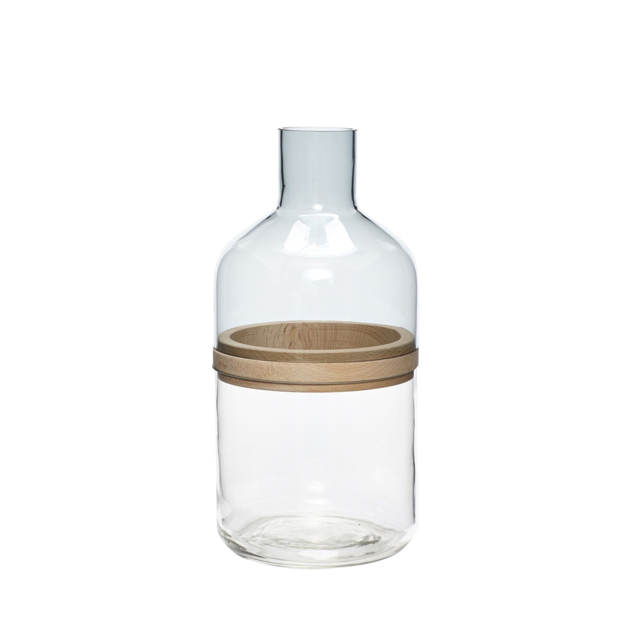 Hübsch Lake Jug - Clear Glass & Acacia Wood Bottle, 32cm Tall, 3pcs Set