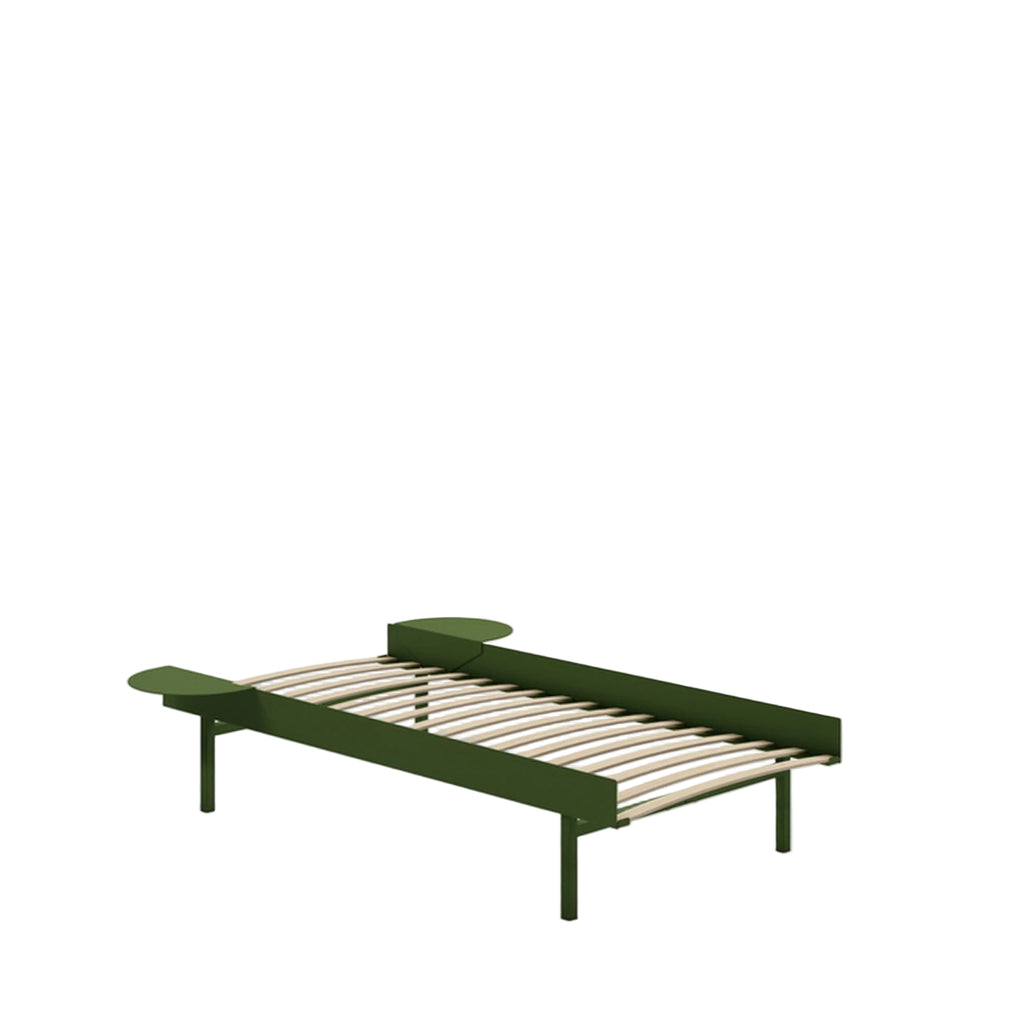 Moebe Bed, Tall Legs, 90 Cm, Slats, 2x Side Table, Pine Green