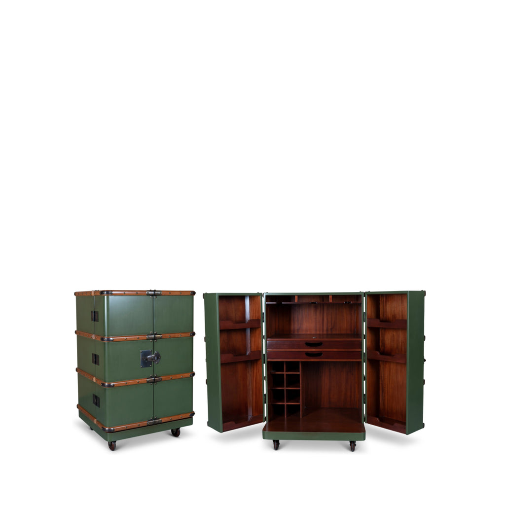 Authentic Models Polo Club Travel Suitcase Cabinet Bar, Field Green