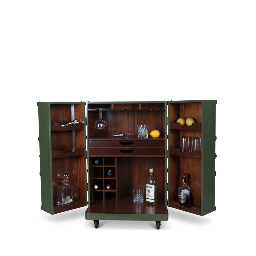 Authentic Models Polo Club Travel Suitcase Cabinet Bar, Field Green