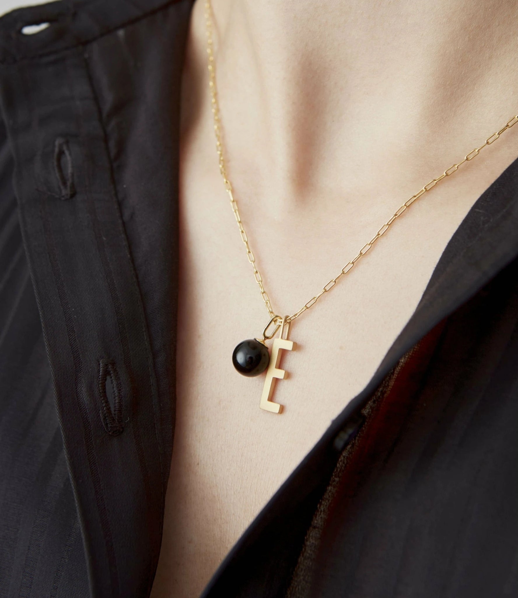 Design Letters Stone Drop Pendant 8mm 18k Gold Plated Silver, Black Agate