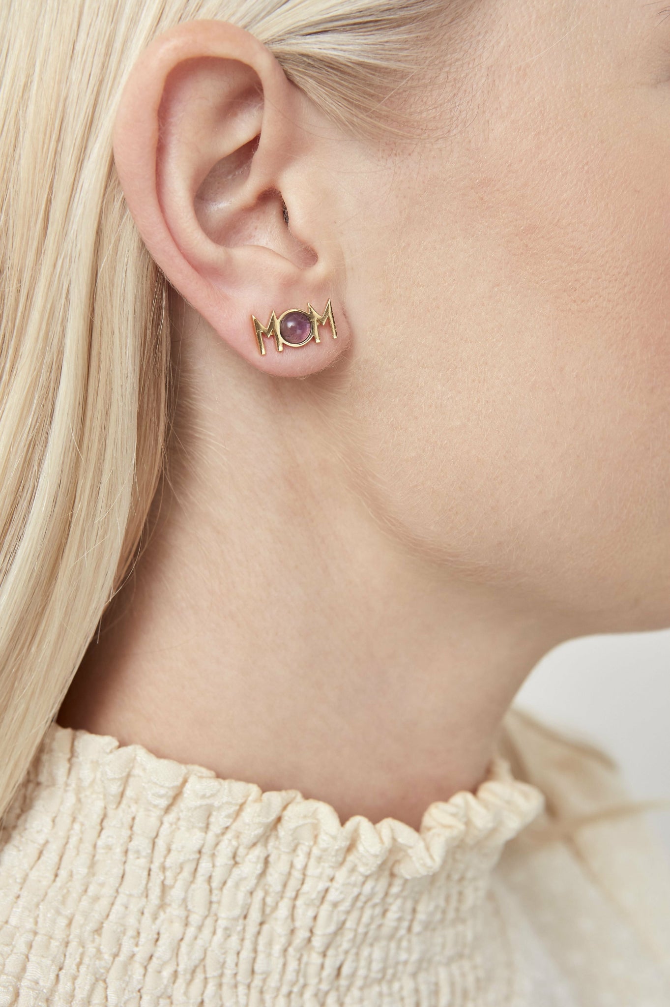 Design Letters Great Mom Earrings Set of 2 18k Gold Plated, Amethyst Violet