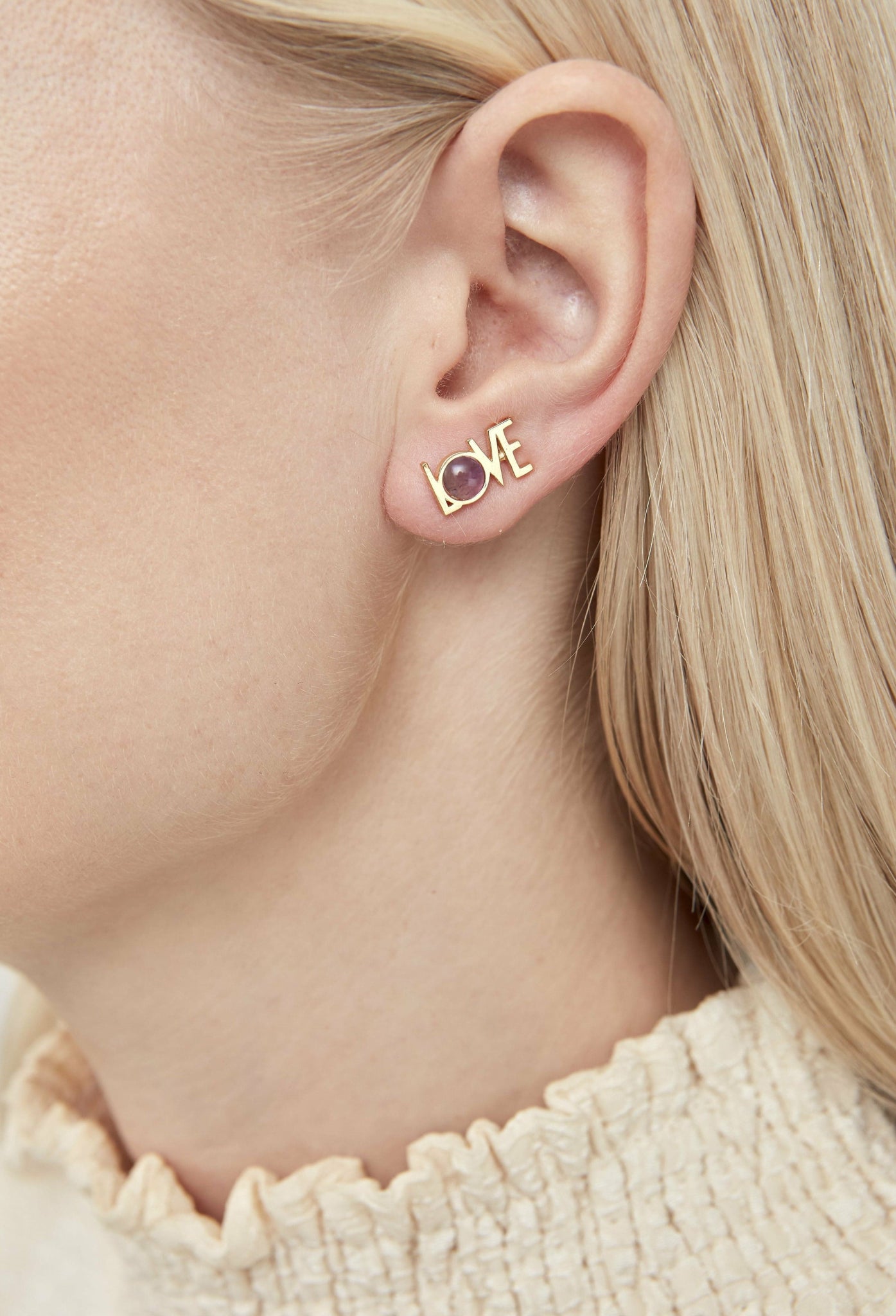 Design Letters Great Love Earrings Set of 2 18k Gold Plated, Amethyst Violet