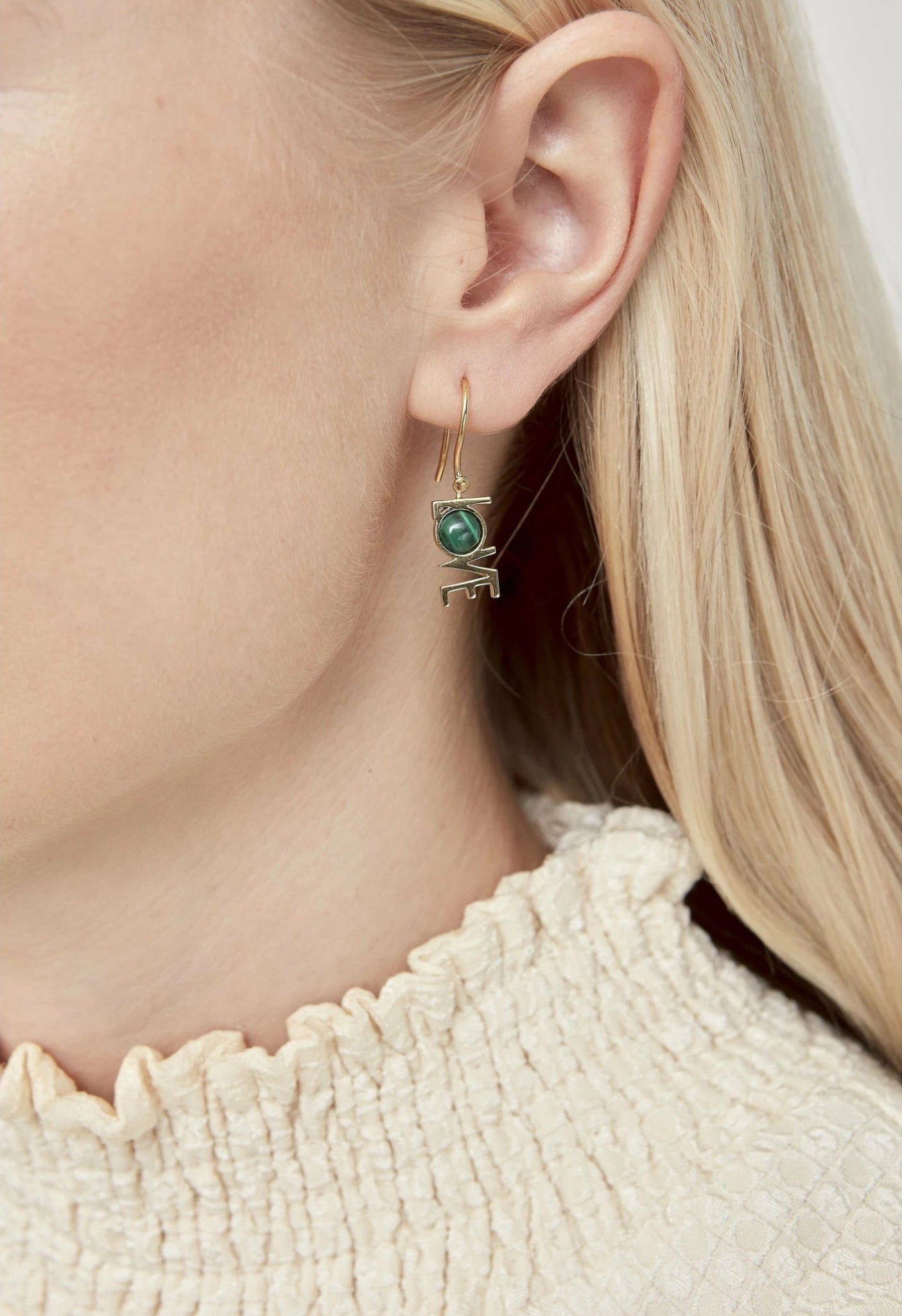 Design Letters Great Love Earrings 1 PCs 18k Gold Plated, Malachite Green