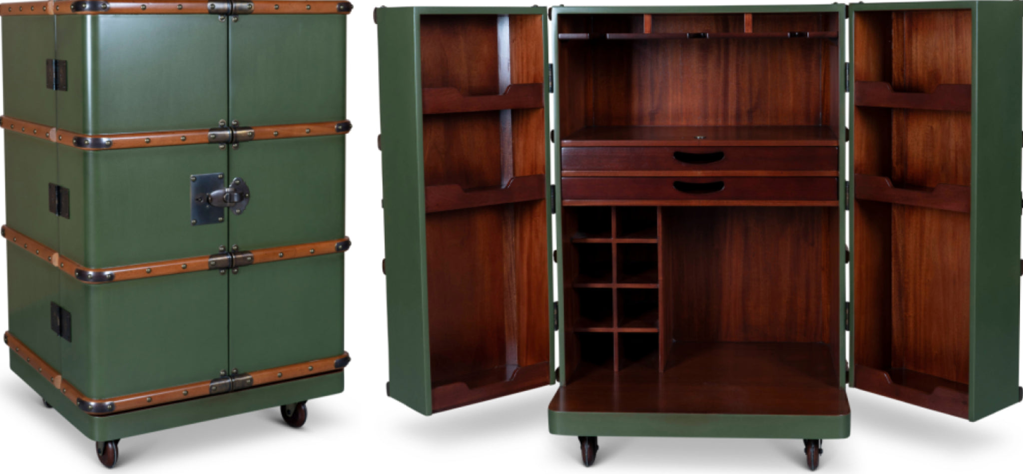 Authentic Models Polo Club Travel Suitcase Cabinet Bar, Field Green