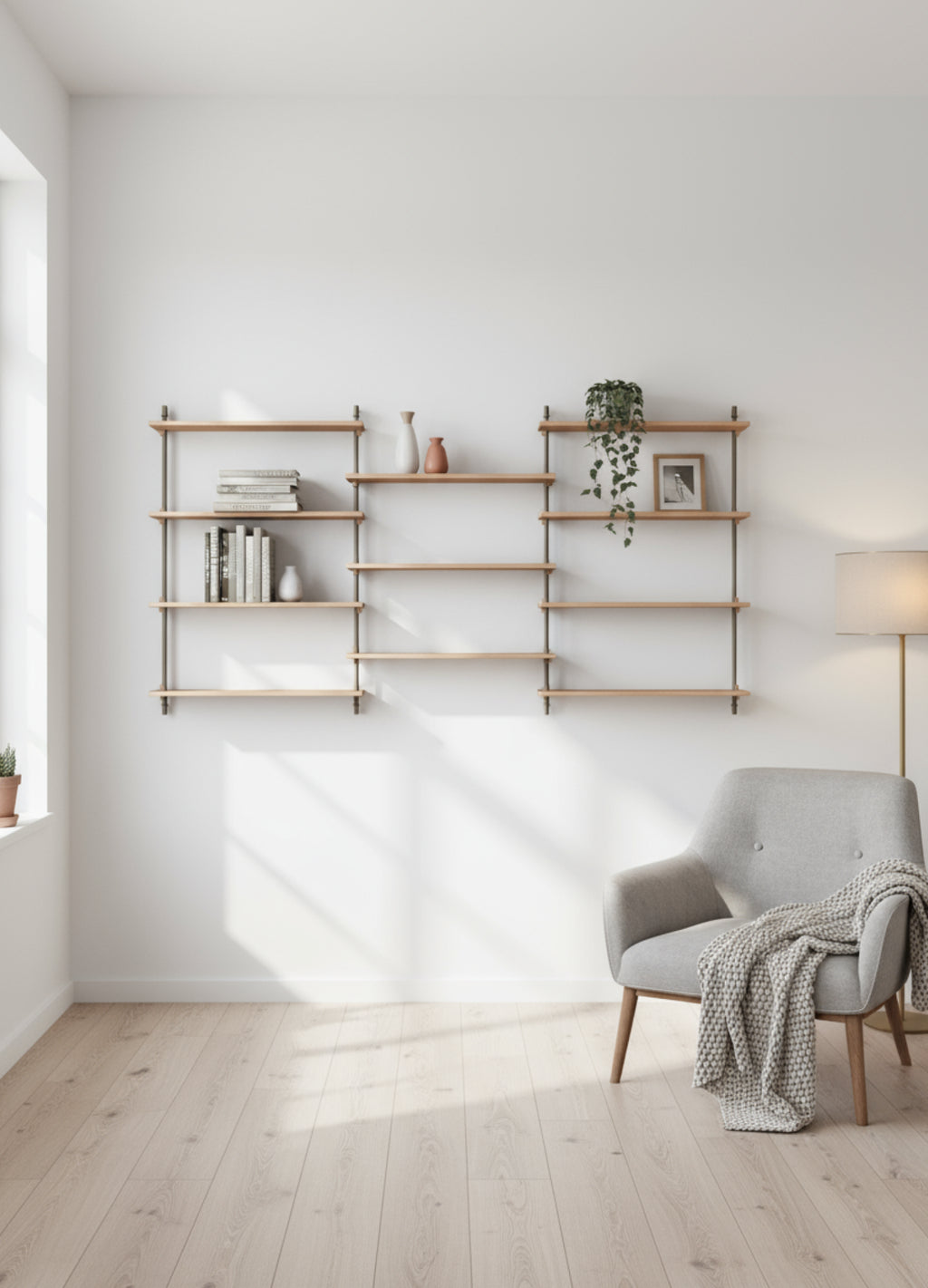 Moebe Wall Shelving Set Ws.115.3, Oak Shelves, Warm Grey Legs (fsc Mix Credit)