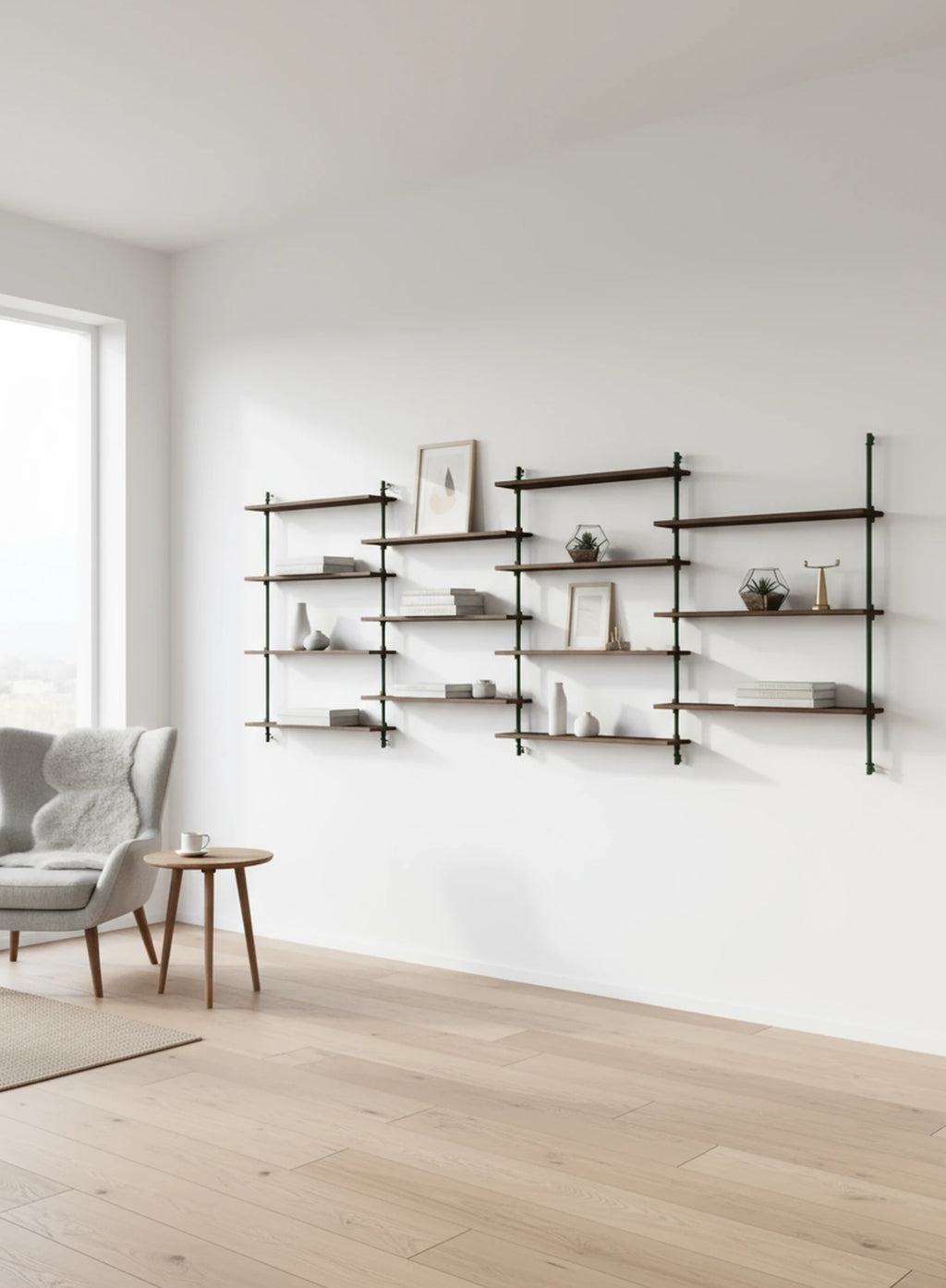 Moebe Wall Shelving Set Ws.115.4, Smoked Oak Shelves, Pine Green Legs (fsc Mix Credit)