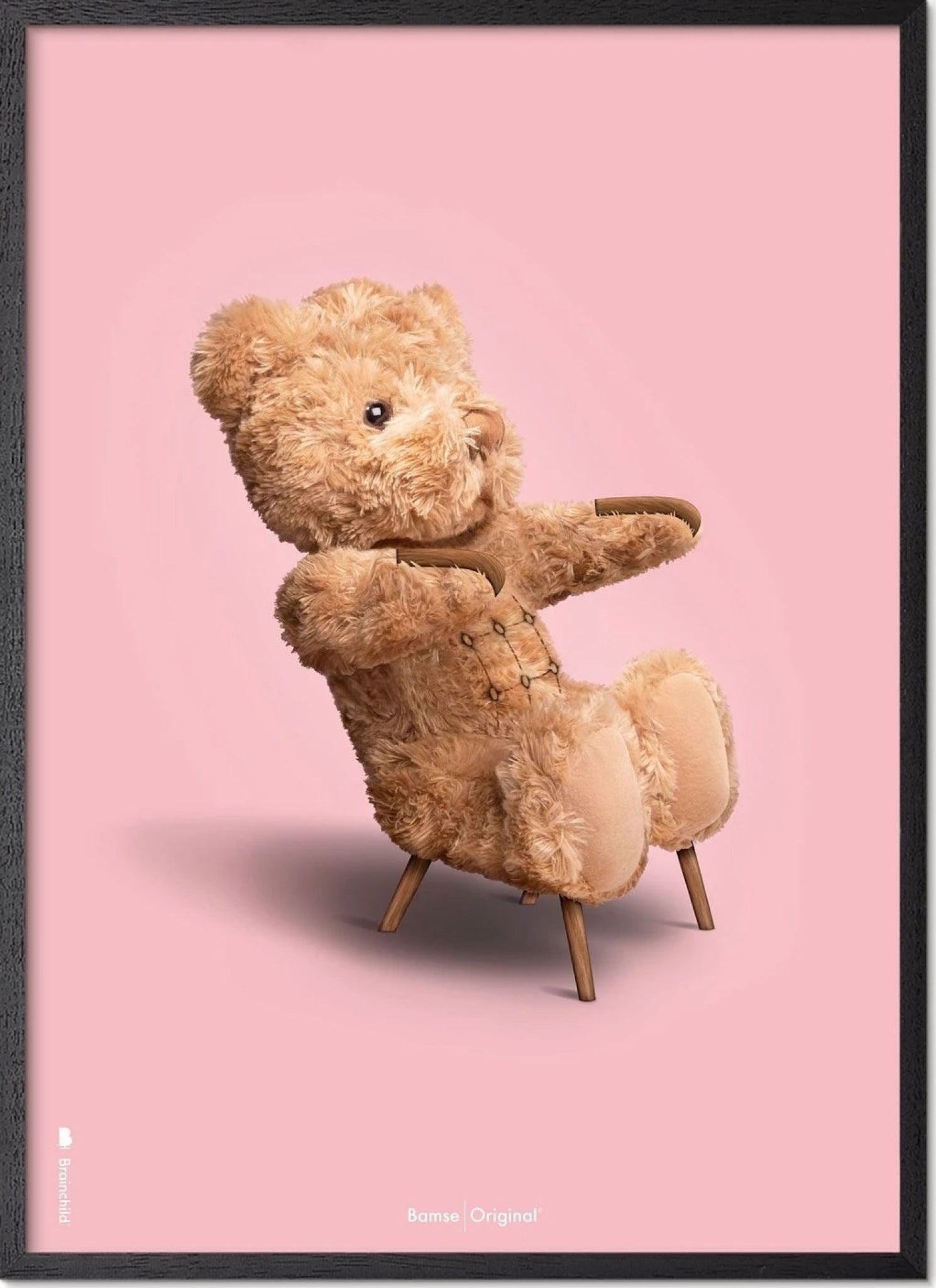 Brainchild teddy bear classic poster frame in black lacquered wood A5, pink background