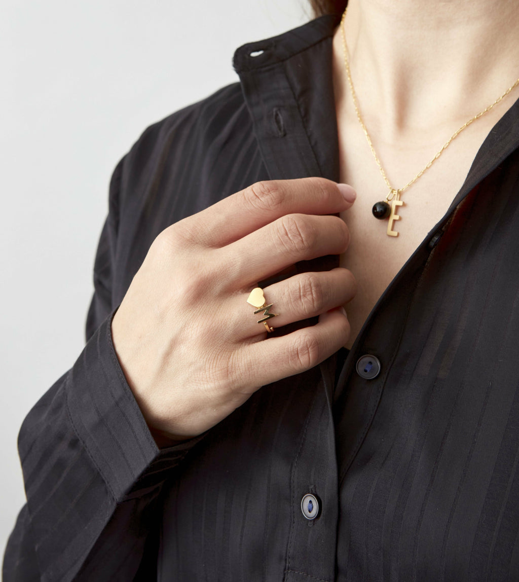 Design Letters Stone Drop Pendant 8mm 18k Gold Plated Silver, Black Agate