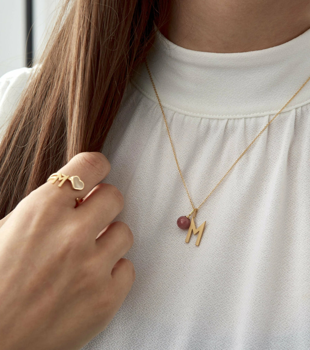 Design Letters Stone Drop Pendant 8mm 18k Gold Plated Silver, Red Chrosite