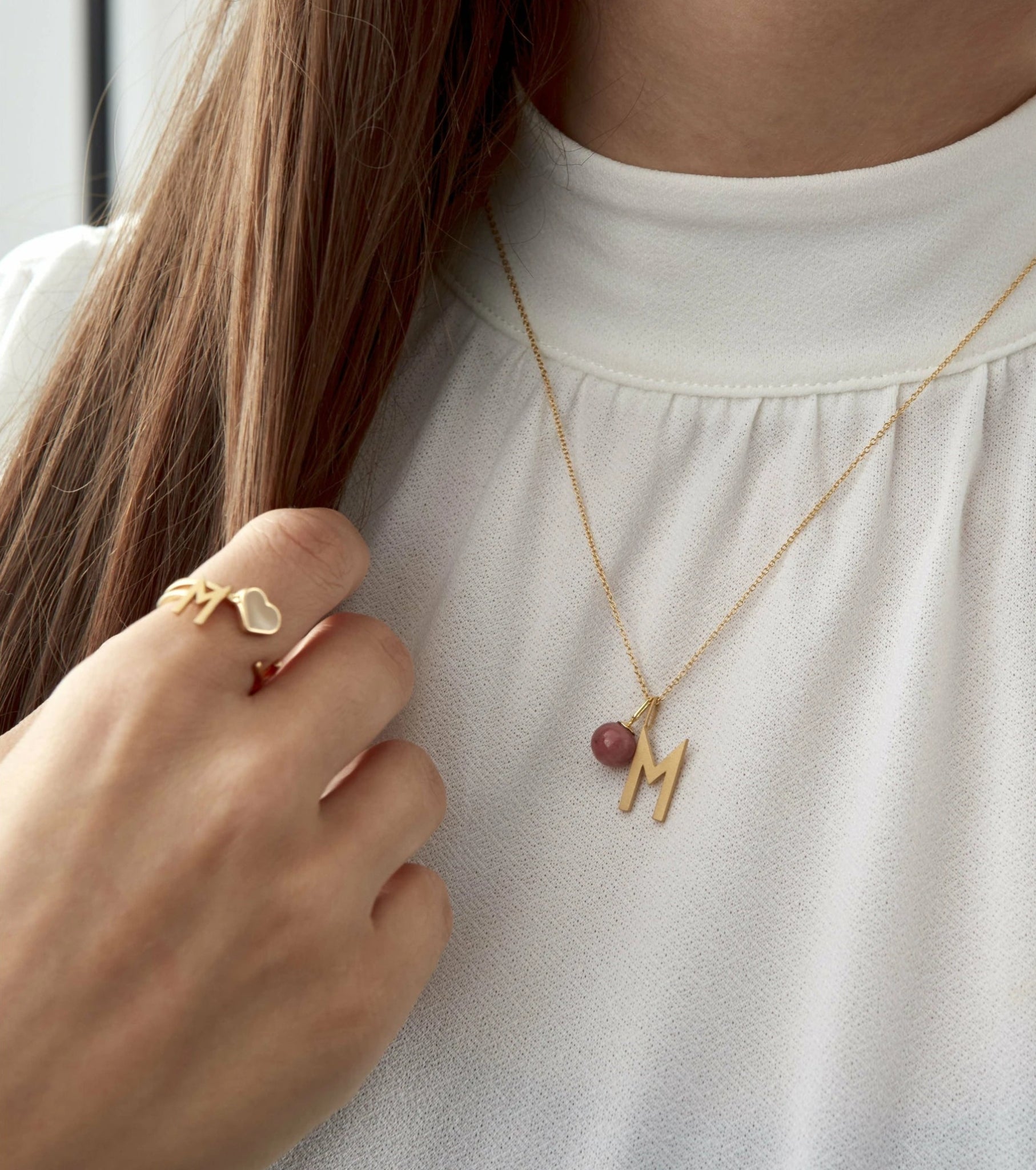 Design Letters Stone Drop Pendant 8mm 18k Gold Plated Silver, Red Chrosite