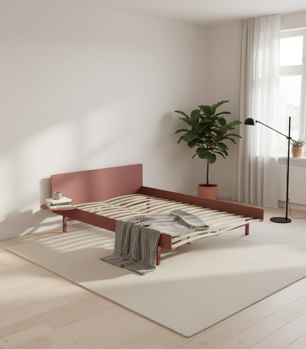 Moebe Bed, 140 Cm, Slats, 1x Side Table, Dusty Rose