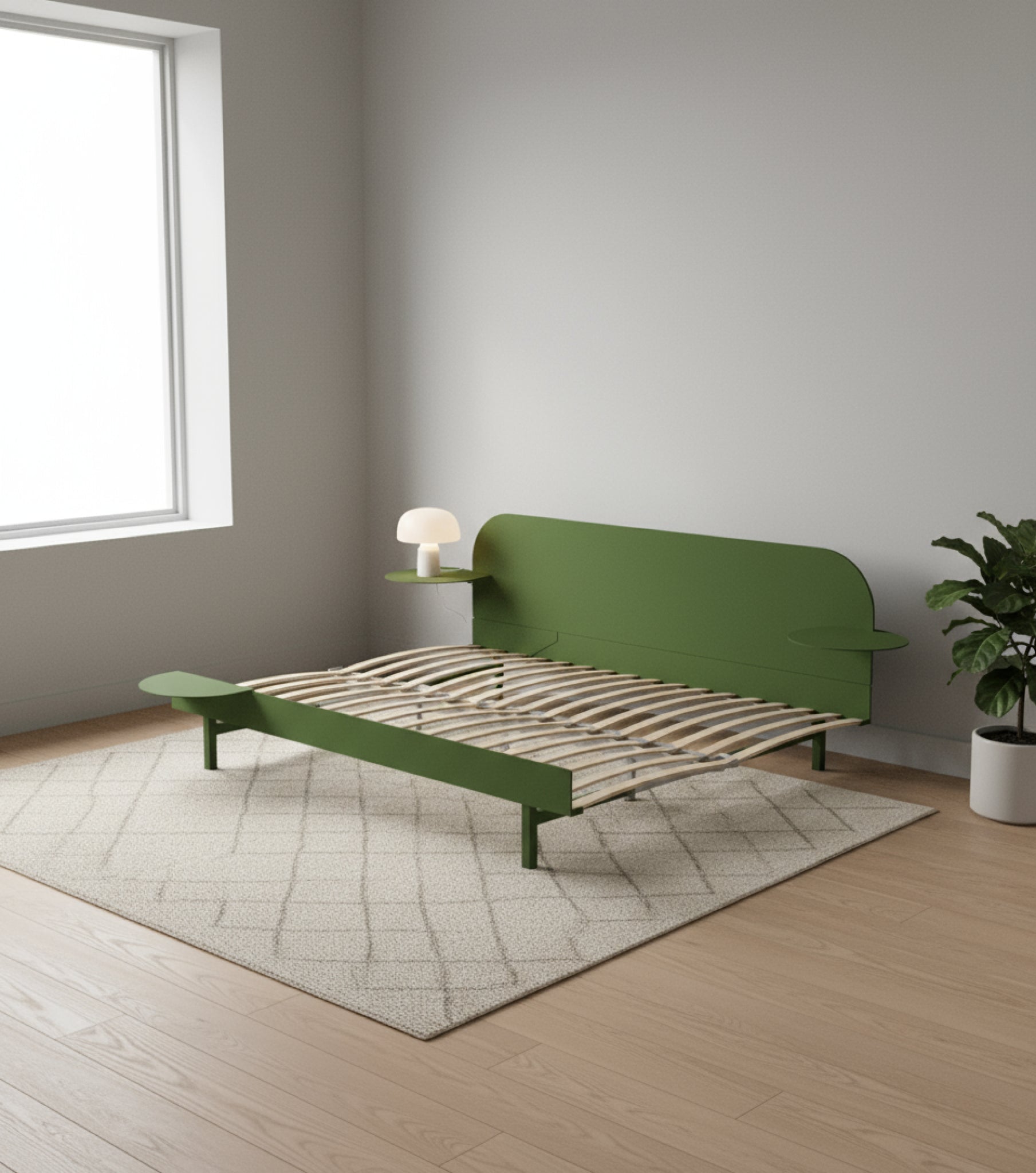 Moebe Bed, 140 Cm, Slats, 2x Side Table, Pine Green