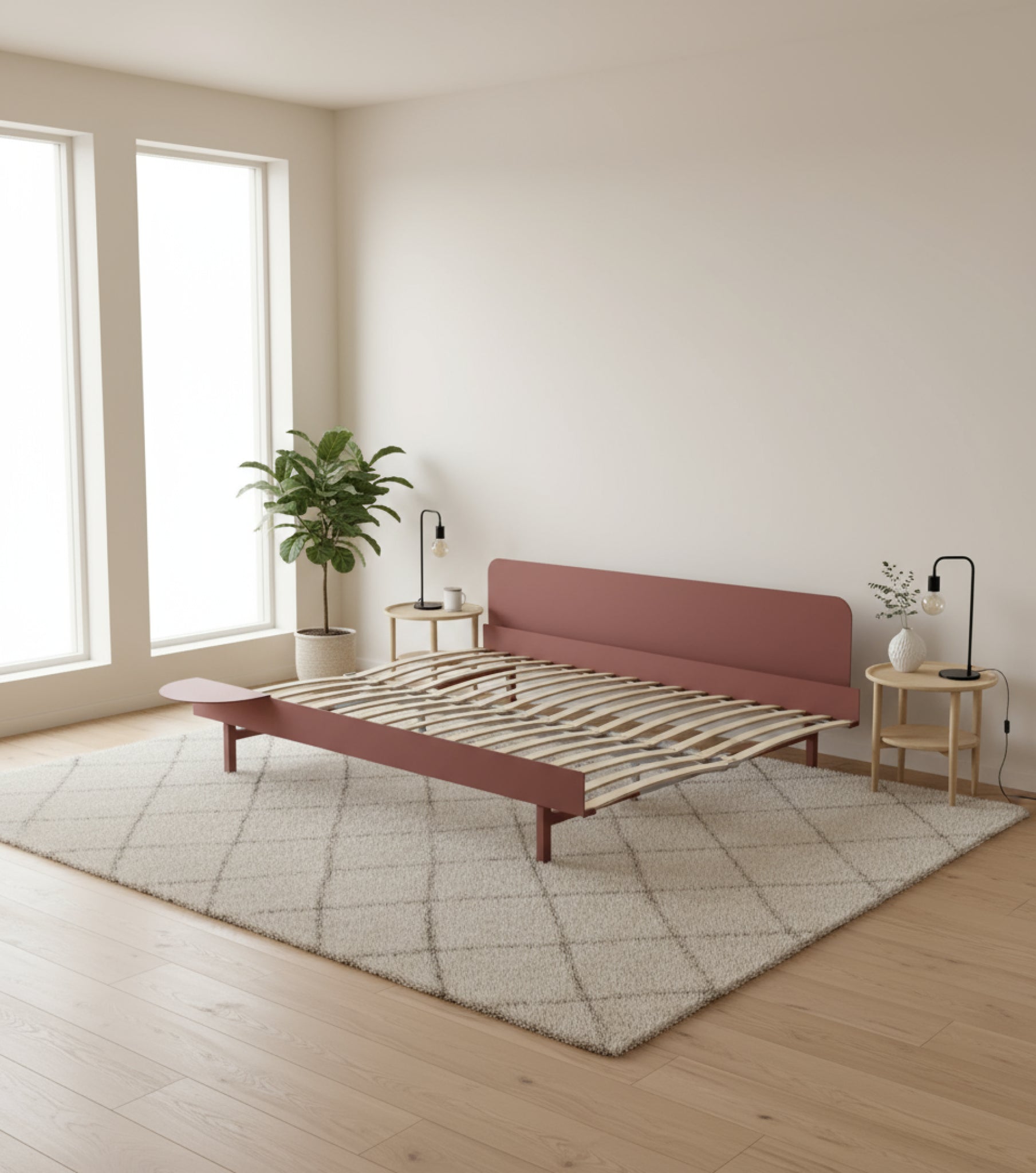Moebe Bed, 150 Cm, Slats, 1x Side Table, Dusty Rose
