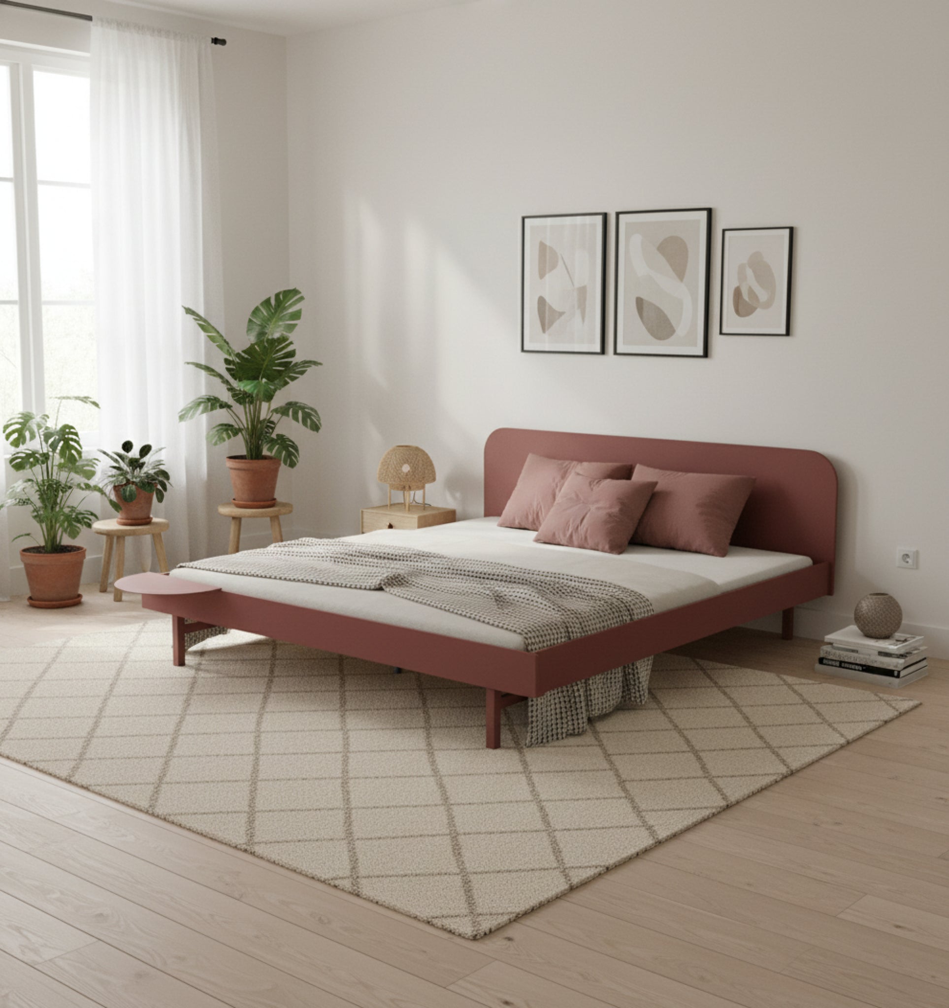 Moebe Bed, 160 Cm, Slats, 2x Side Table, Dusty Rose