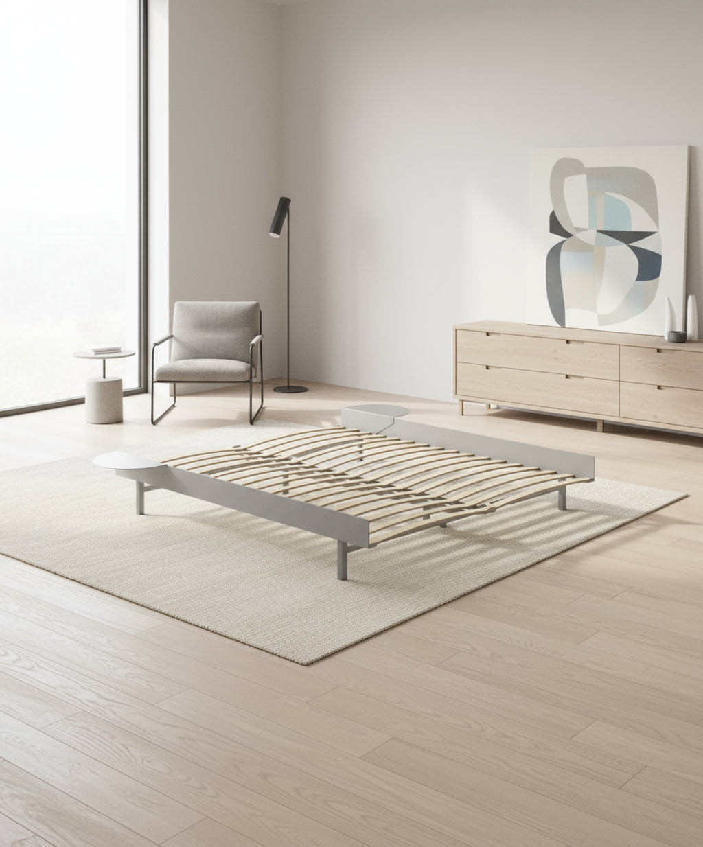 Moebe Bed, 160 Cm, Slats, 2x Side Table, Stainless Steel