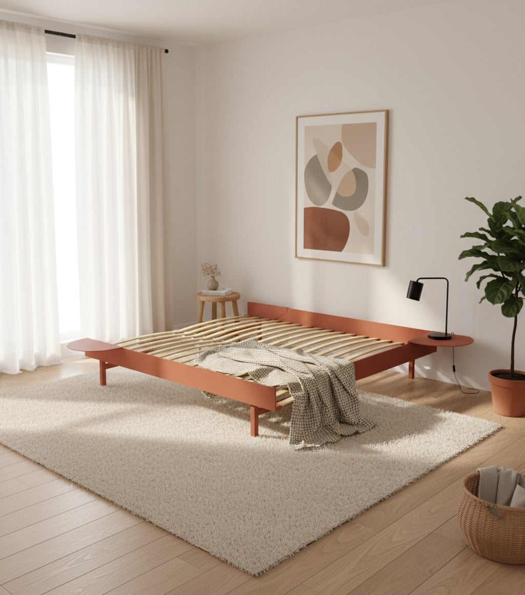 Moebe Bed, 160 Cm, Slats, 2x Side Table, Terracotta