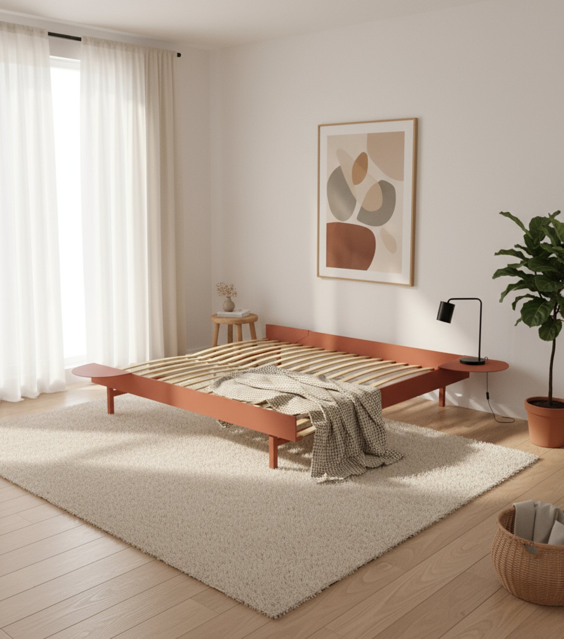 Moebe Bed, 160 Cm, Slats, 2x Side Table, Terracotta