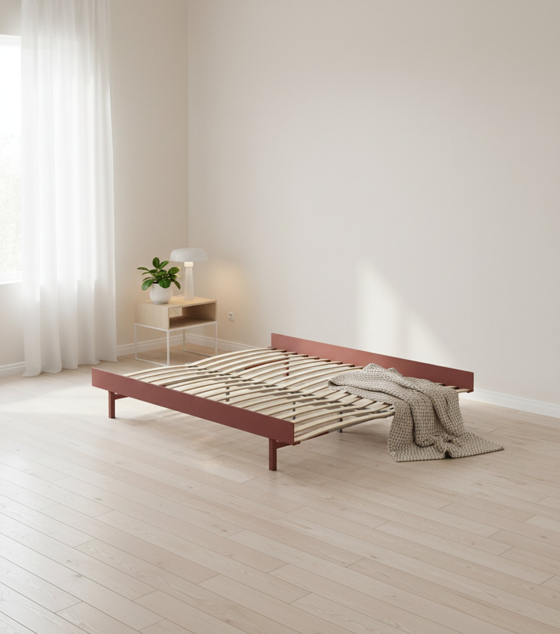 Moebe Dusty Rose Bed with Slats - Modern Steel Frame, 160 cm
