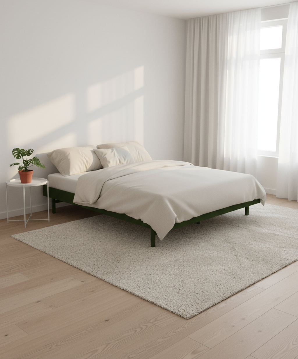 Minimalist Pine Green Moebe Bed with Slats - Adjustable 90-180 cm Frame