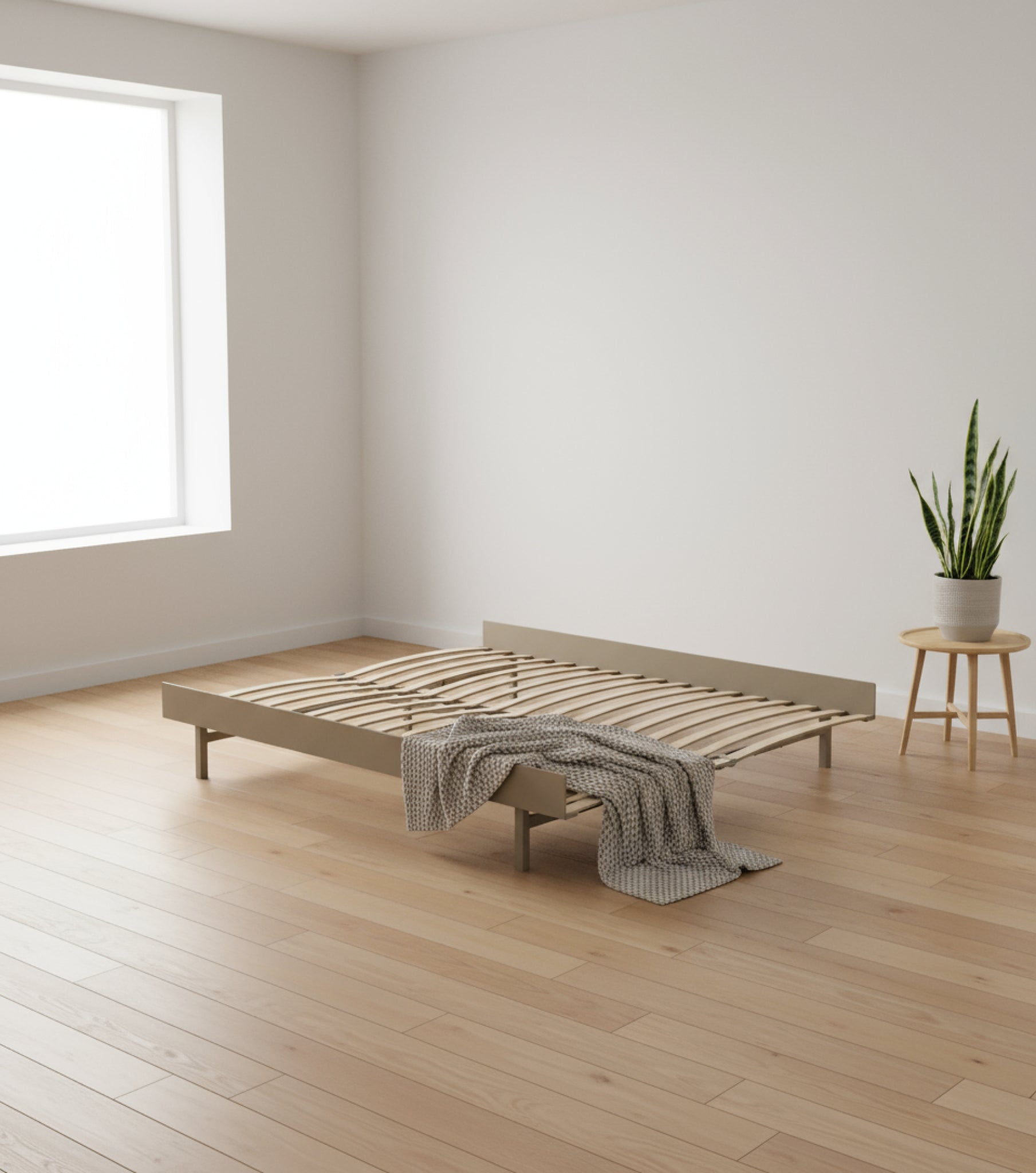 Minimalist Moebe Bed with Slats 160 cm in Sand - Modern Steel Frame