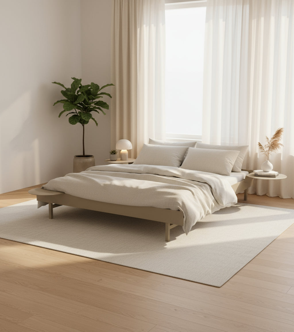 Minimalist Moebe Bed with Slats & Bedside Tables, 180cm Sand Steel Frame