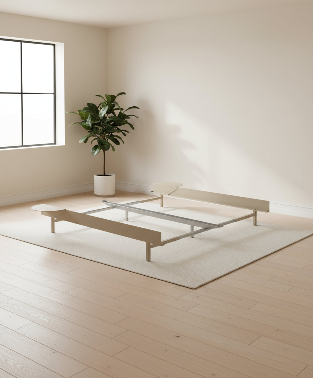 Minimalist Moebe Bed with 2 Bedside Tables, Adjustable 90-180 cm, Sand