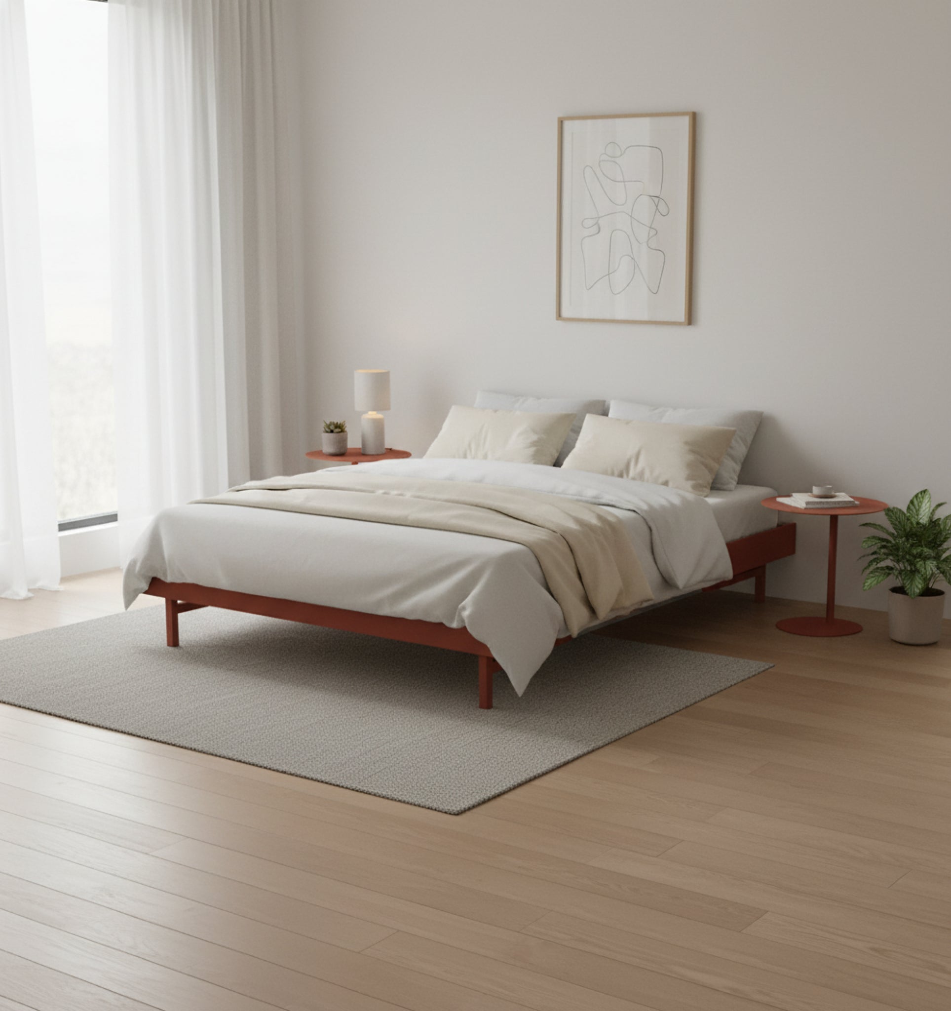Moebe Bed, 90-180 Cm, 2x Side Table, Terracotta