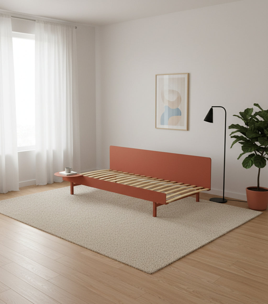 Moebe Bed, 90 Cm, Slats, 1x Side Table, Terracotta