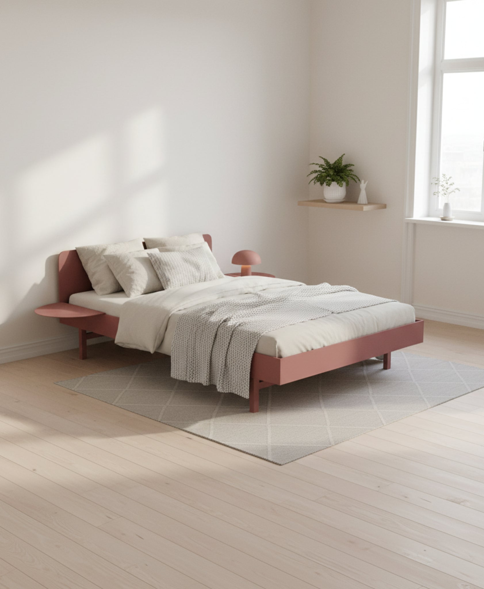 Moebe Bed, 90 Cm, Slats, 2x Side Table, Dusty Rose