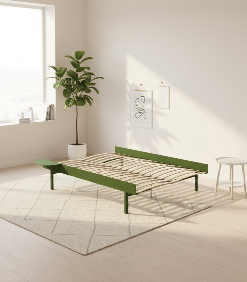 Moebe Bed, Tall Legs, 140 Cm, Slats, 1x Side Table, Pine Green