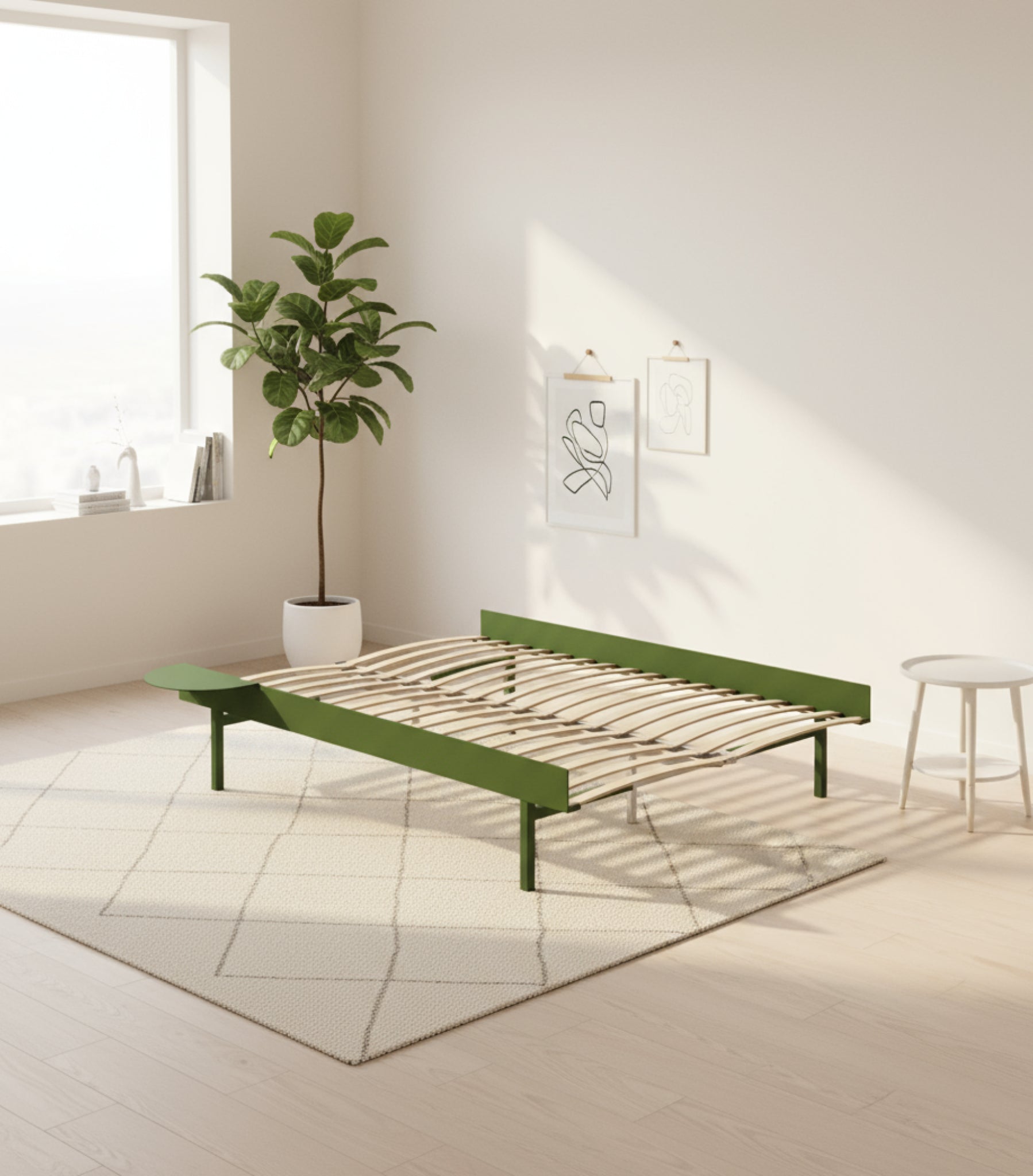 Moebe Bed, Tall Legs, 140 Cm, Slats, 1x Side Table, Pine Green