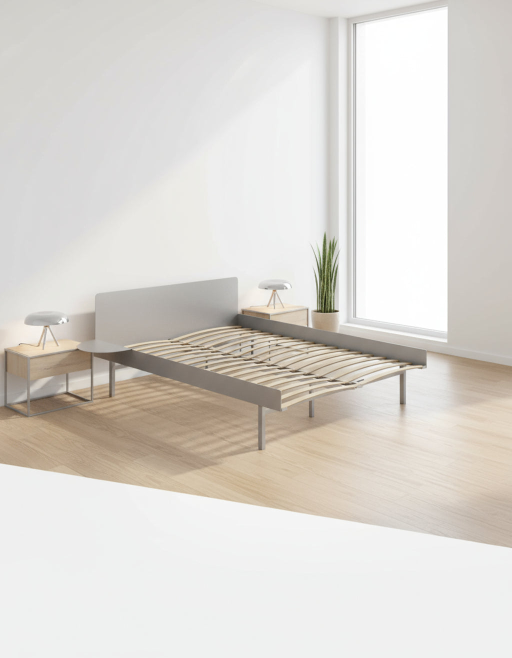 Moebe Bed, Tall Legs, 140 Cm, Slats, 1x Side Table, Stainless Steel