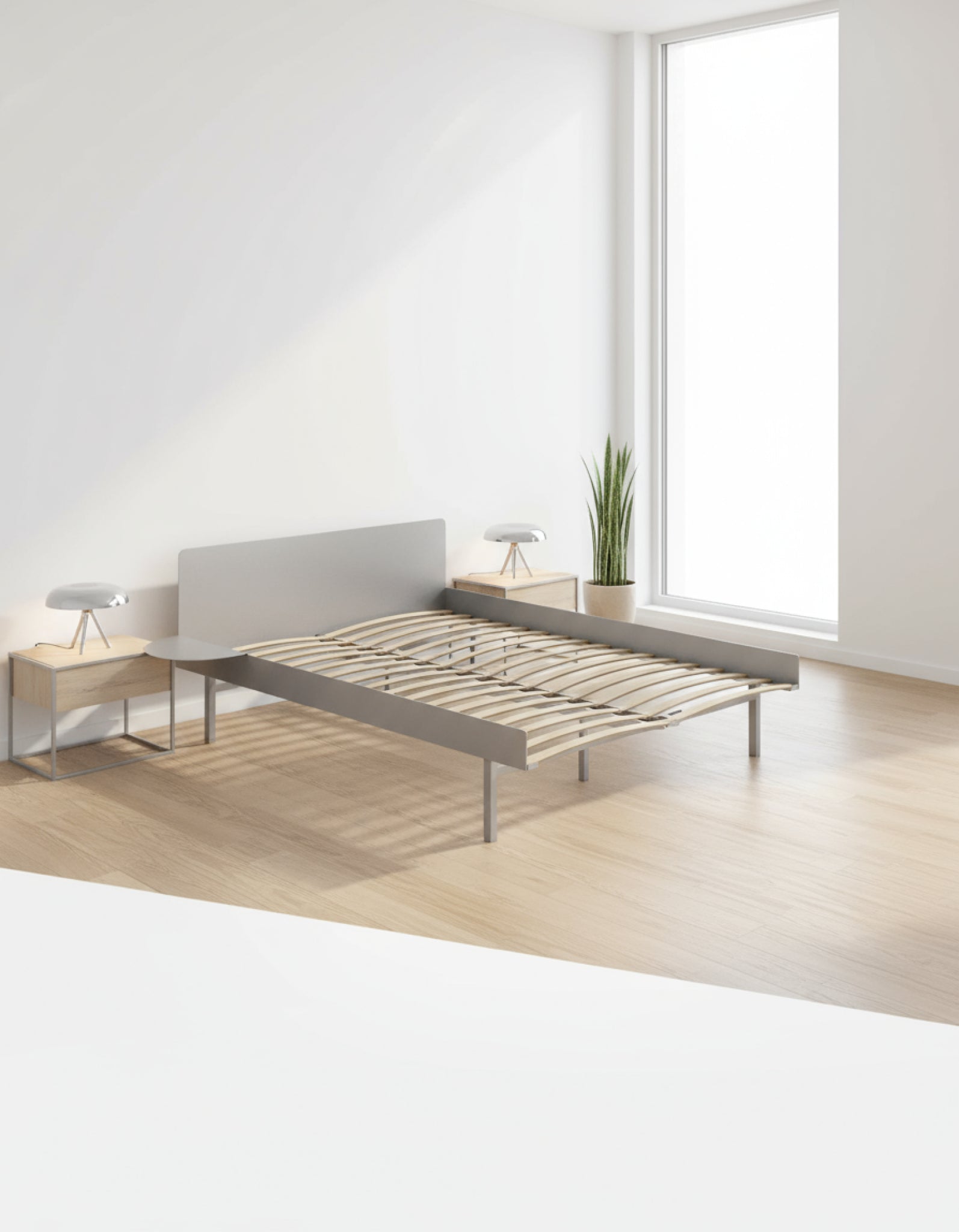 Moebe Bed, Tall Legs, 140 Cm, Slats, 1x Side Table, Stainless Steel