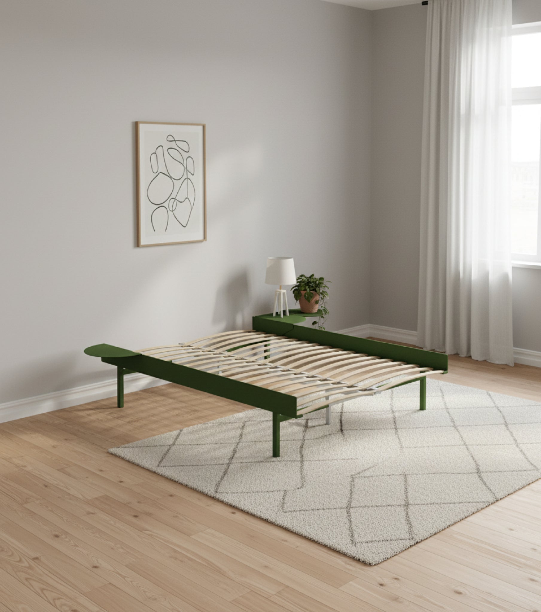 Moebe Bed, Tall Legs, 140 Cm, Slats, 2x Side Table, Pine Green