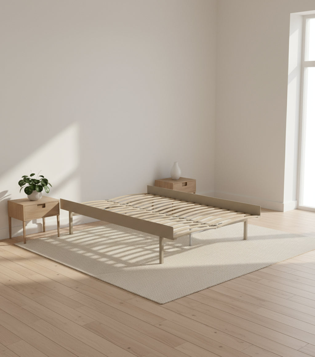 Moebe Bed, Tall Legs, 140 Cm, Slats, Sand