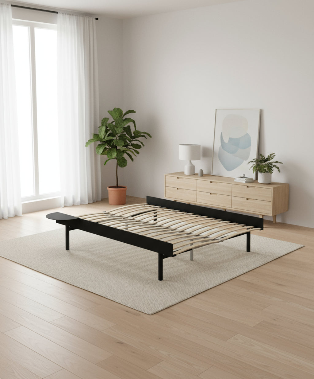 Moebe Bed, Tall Legs, 150 Cm, Slats, 1x Side Table, Black
