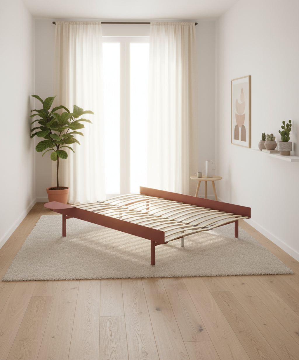 Moebe Bed, Tall Legs, 150 Cm, Slats, 1x Side Table, Dusty Rose