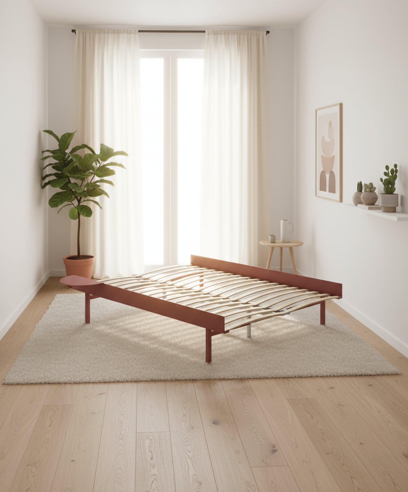 Moebe Bed, Tall Legs, 150 Cm, Slats, 1x Side Table, Dusty Rose