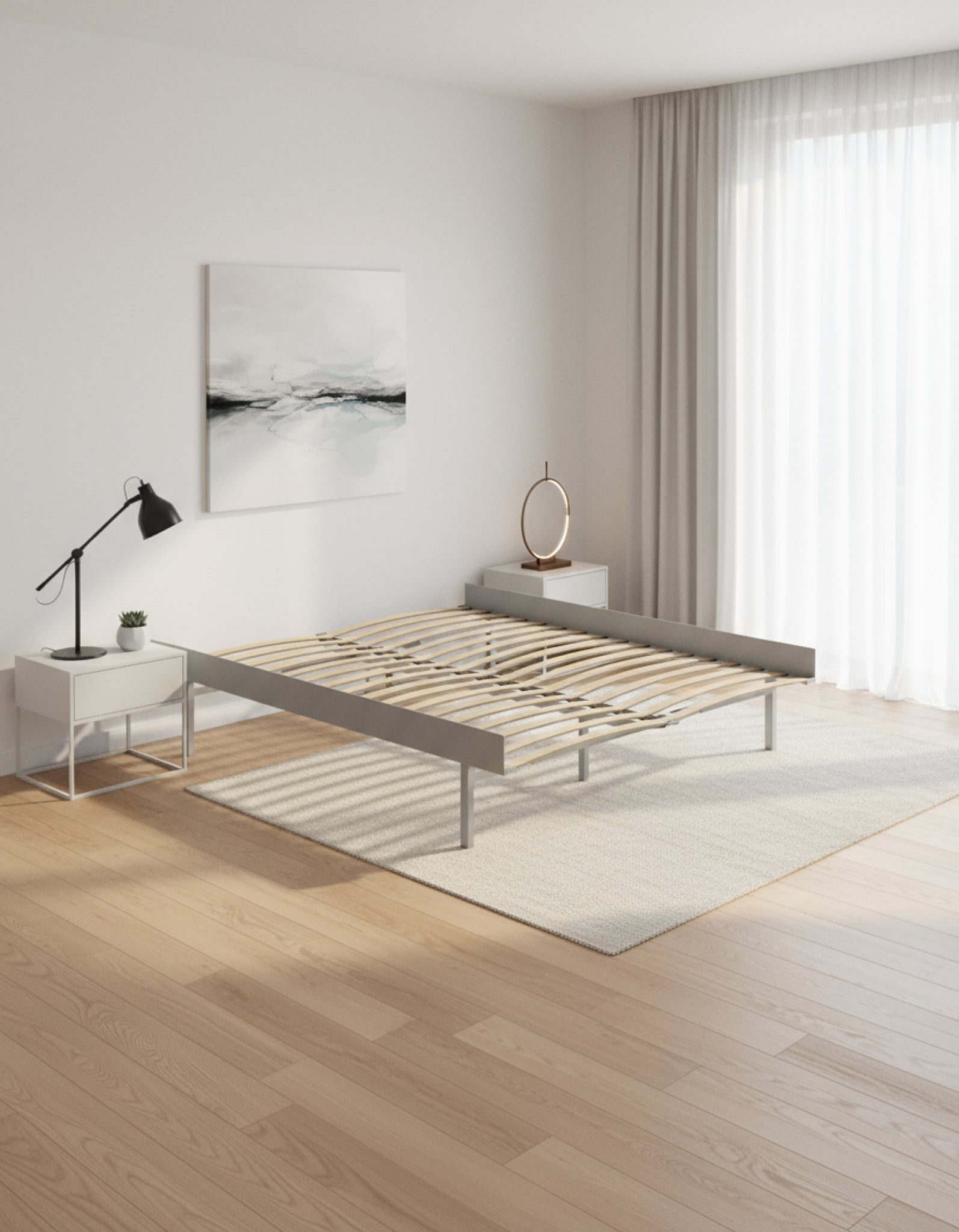 Moebe Bed, Tall Legs, 150 Cm, Slats, 1x Side Table, Stainless Steel