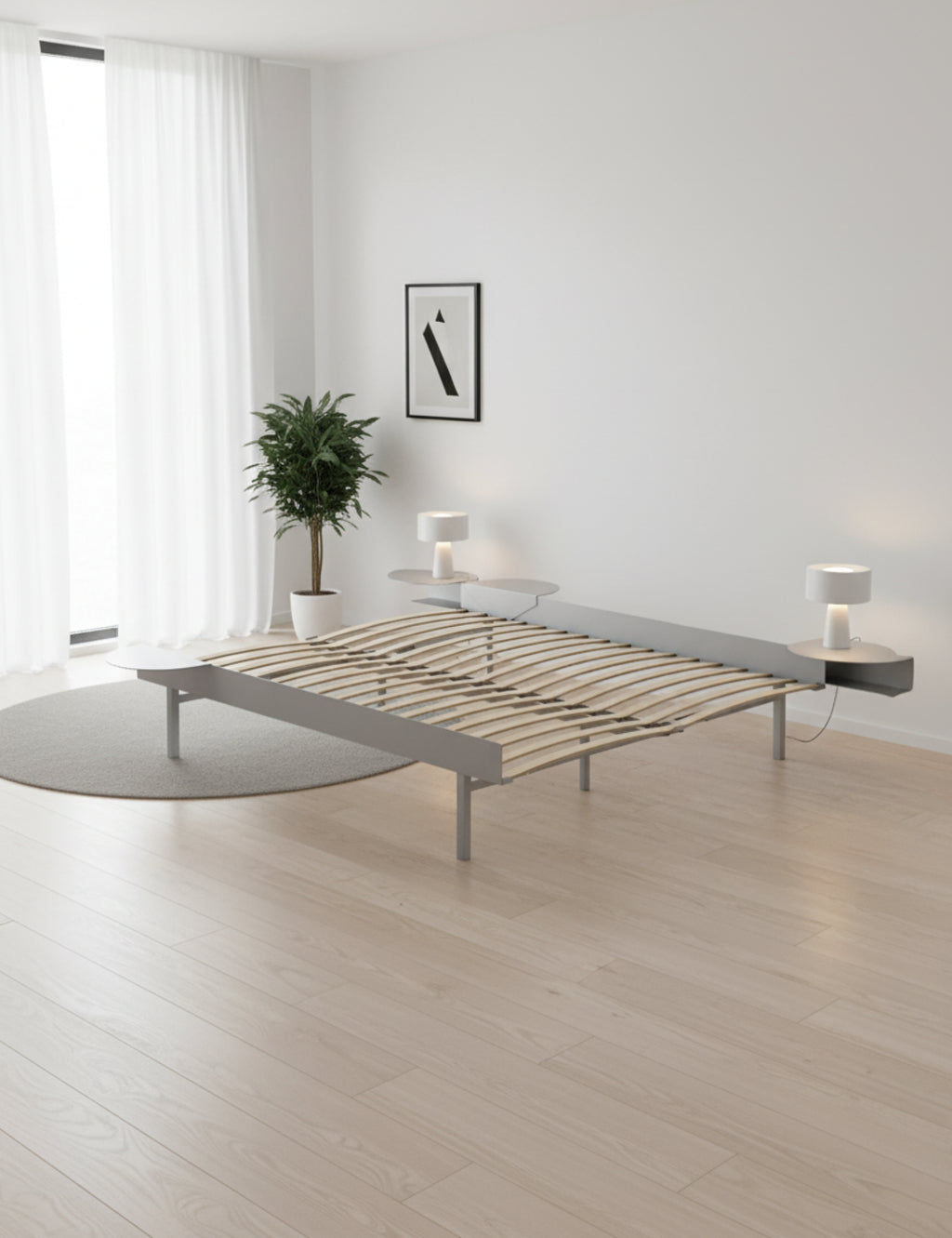 Moebe Bed, Tall Legs, 150 Cm, Slats, 2x Side Table, Stainless Steel