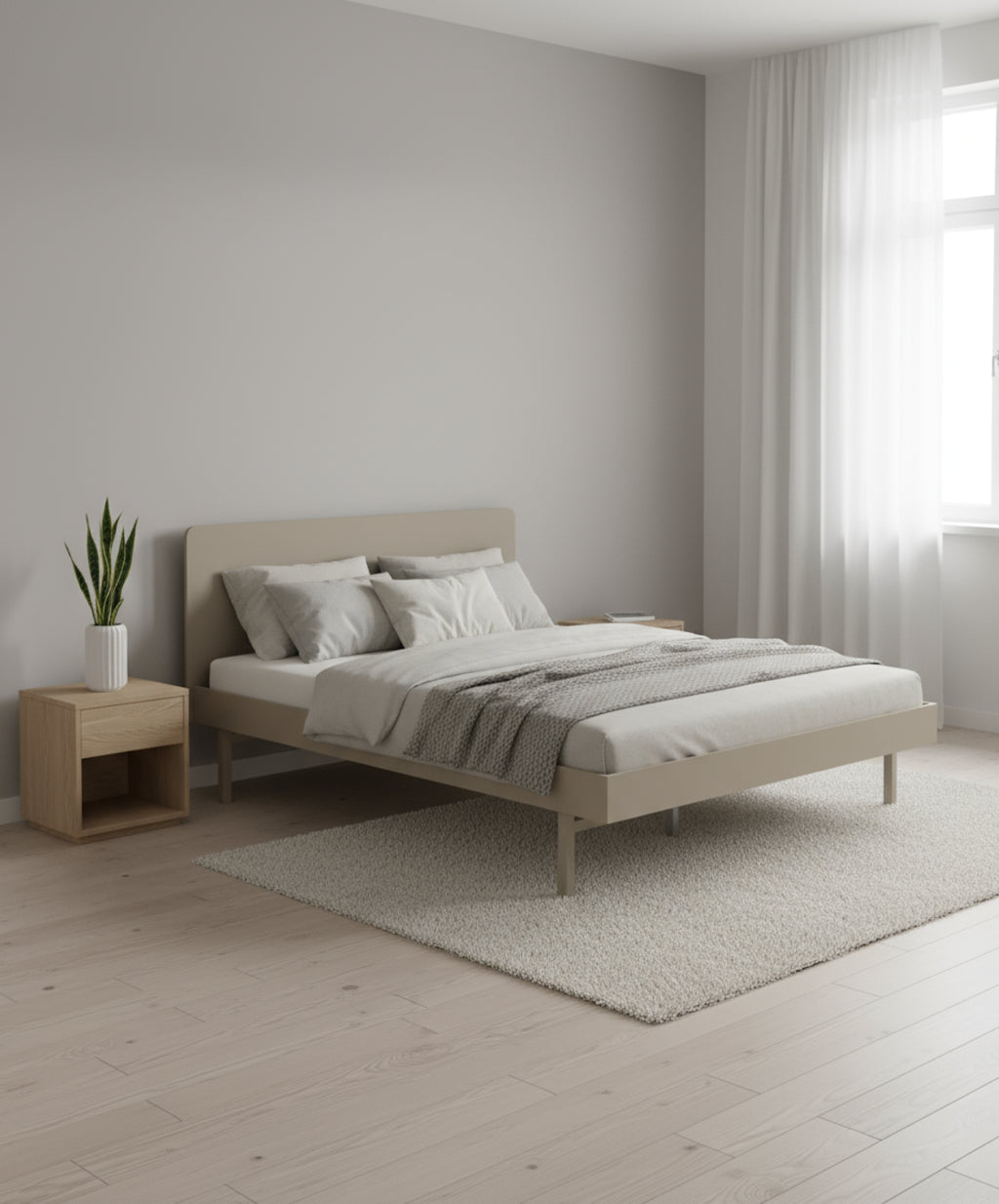 Moebe Bed, Tall Legs, 150 Cm, Slats, Sand