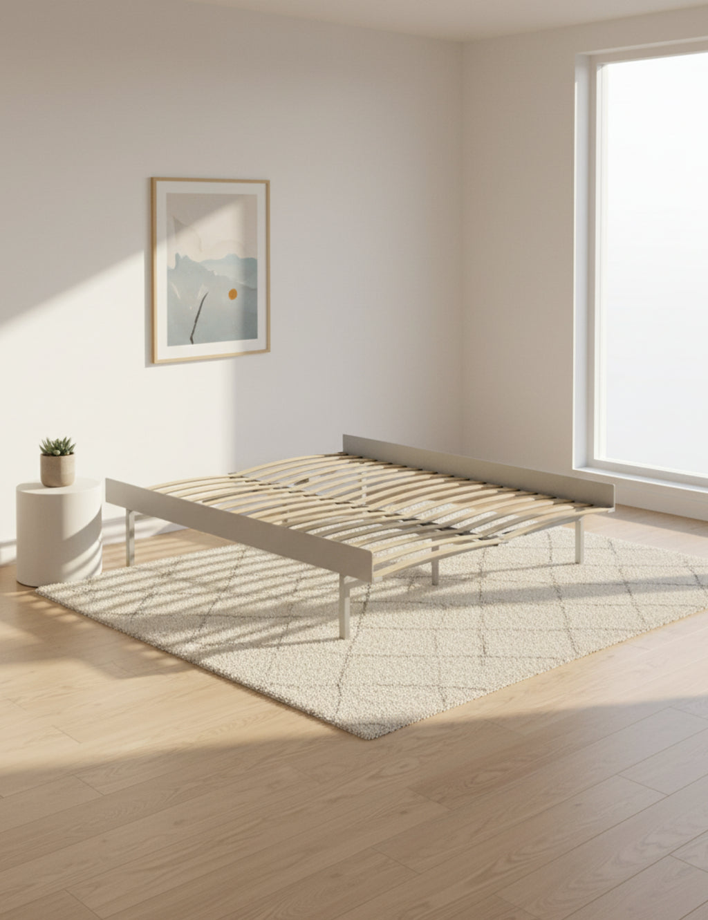 Moebe Bed, Tall Legs, 150 Cm, Slats, Stainless Steel