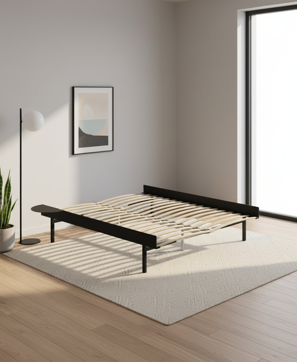 Moebe Bed, Tall Legs, 160 Cm, Slats, 1x Side Table, Black