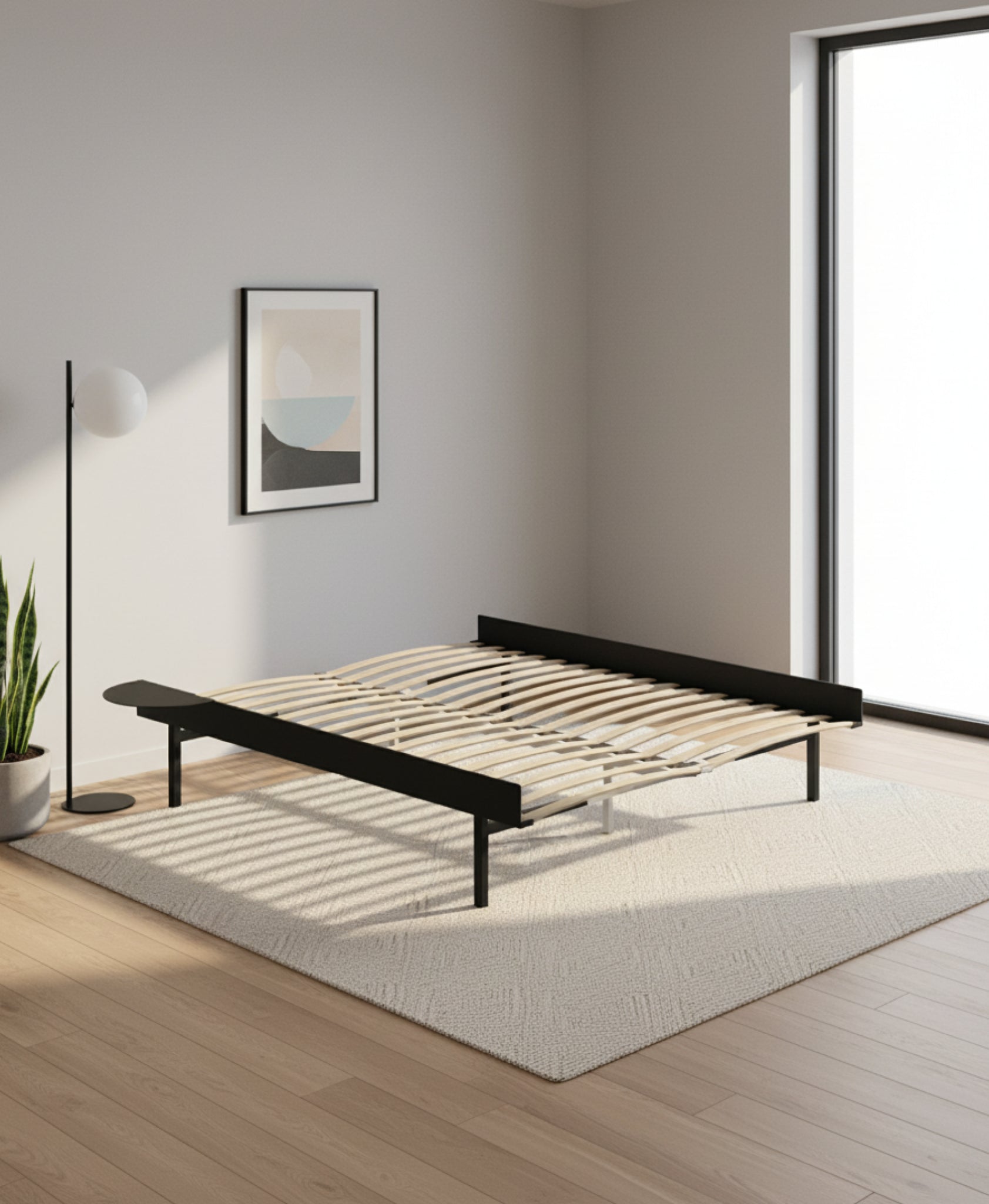 Moebe Bed, Tall Legs, 160 Cm, Slats, 1x Side Table, Black