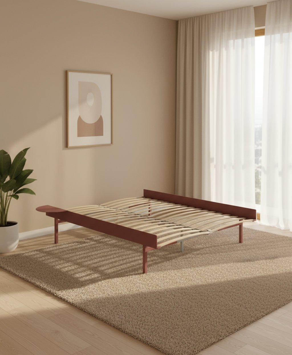 Moebe Bed, Tall Legs, 160 Cm, Slats, 1x Side Table, Dusty Rose