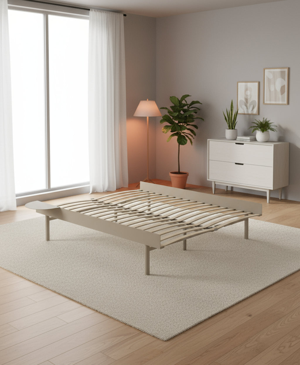 Moebe Bed, Tall Legs, 160 Cm, Slats, 1x Side Table, Sand