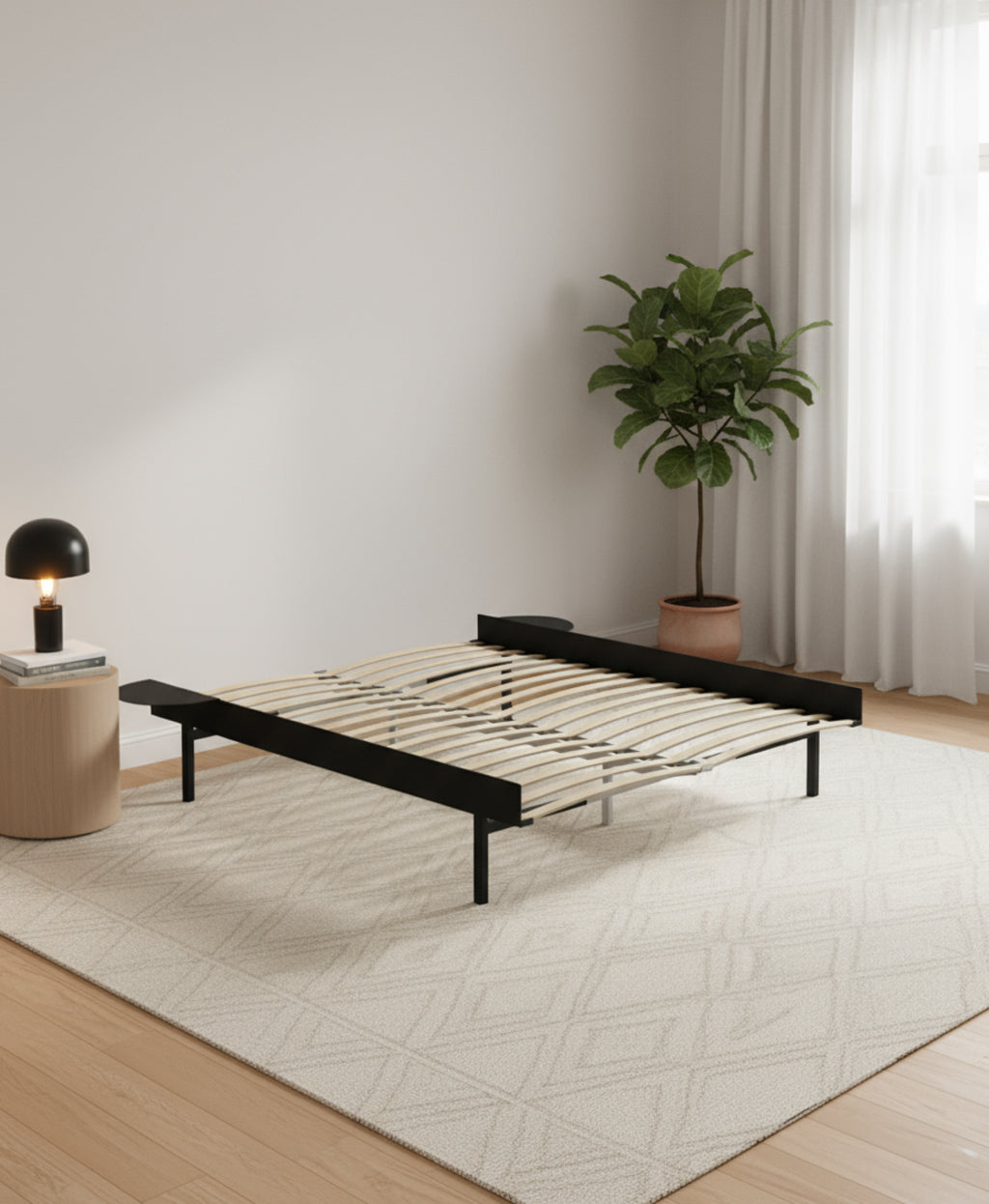 Moebe Bed, Tall Legs, 160 Cm, Slats, 2x Side Table, Black
